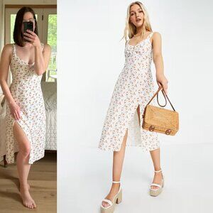 Abercrombie & Fitch - Side Split Midi Dress White & Peach Print | Size Large